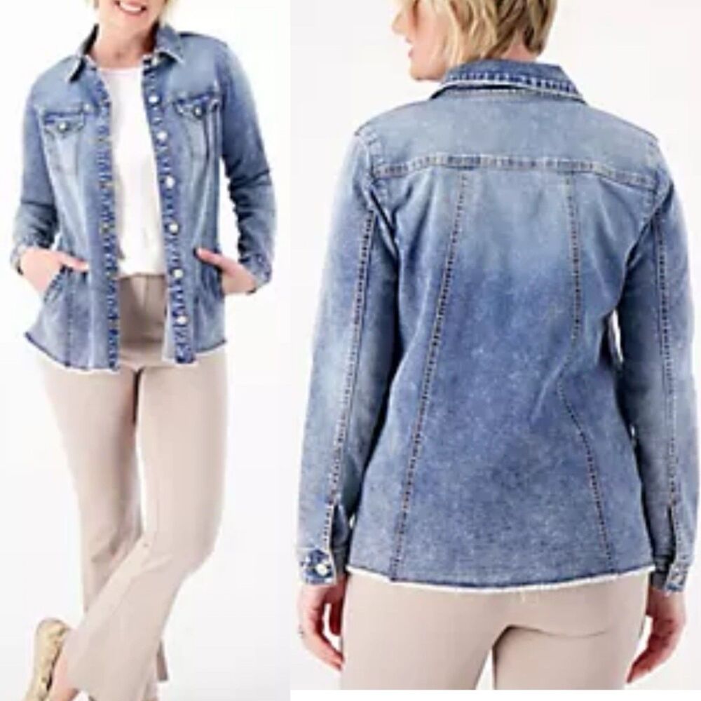 LOGO by Lori Goldstein Denim Shirt Jacket Women’s Size 16 Blue Frayed Hem Button
